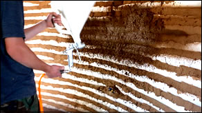 Earth Bag Homes Applying Cob - Stucco to Interior Walls - Using Mud Hopper or Spray Texture Machine