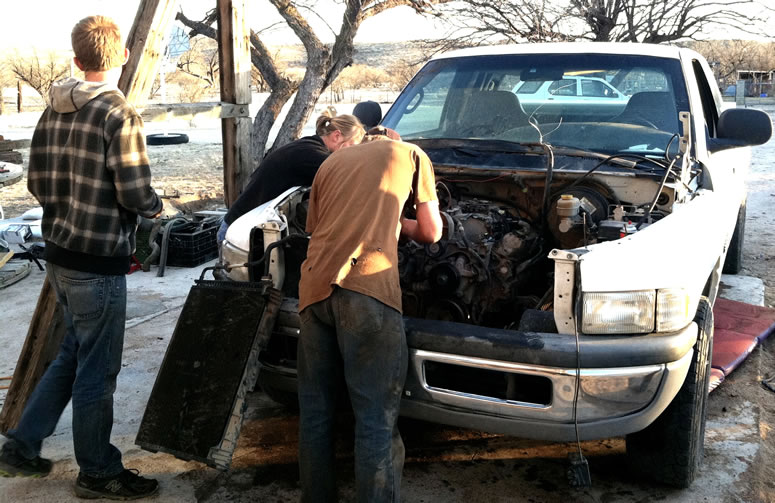 Dodge Magnum engine in 1500 Dodge Truck being removed